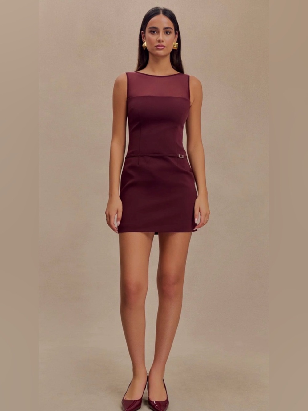 Meshki Burgundy Sheer Yoke Mini Dress